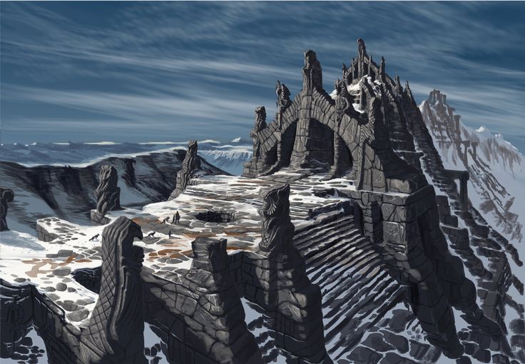 an artist's rendering of a mountain with snow on the ground and mountains in the background