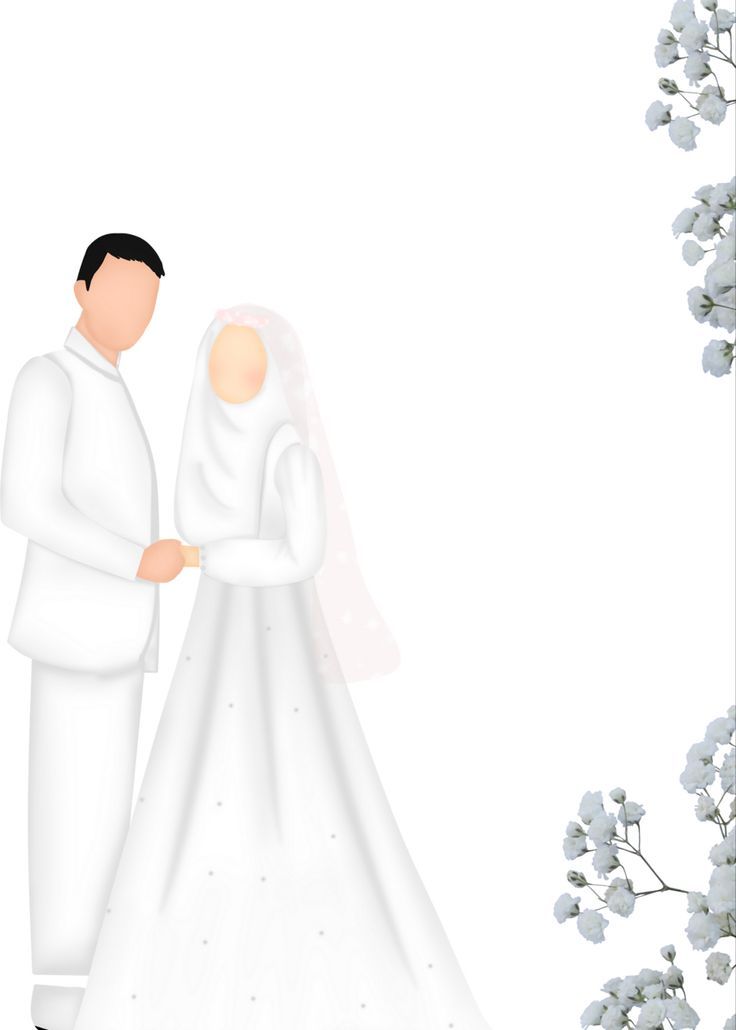 a bride and groom standing next to each other in front of a white background with flowers