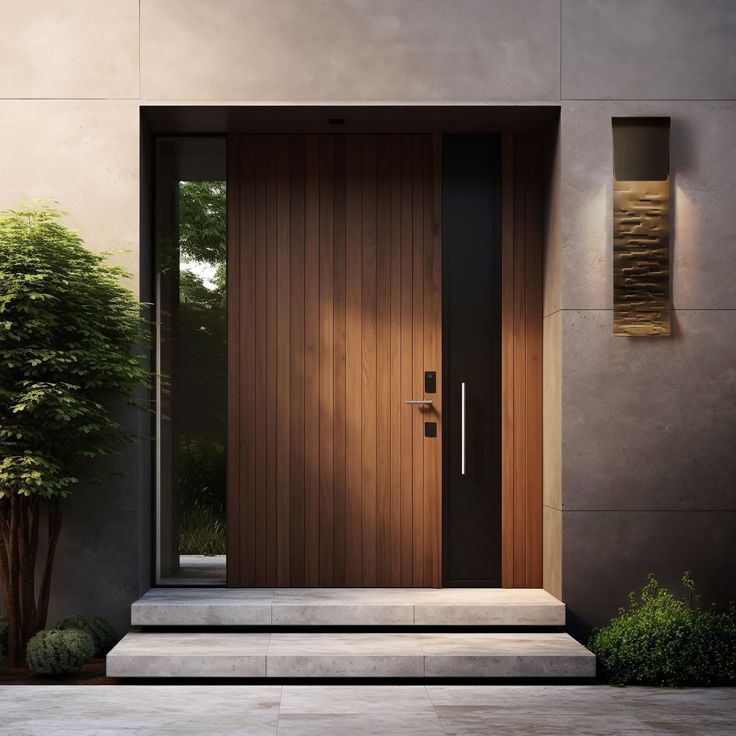 a modern entrance with wooden doors and steps