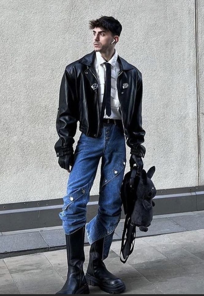 Punk Street Style Men, High Boots Men Outfit, Body Heat Shirt Outfit, Modern Goth Outfits Men, Kpop Style Outfits Men, Runway Outfits Men, High Fashion Poses Men, High End Fashion Outfits, Outfits Aesthetic Hombre