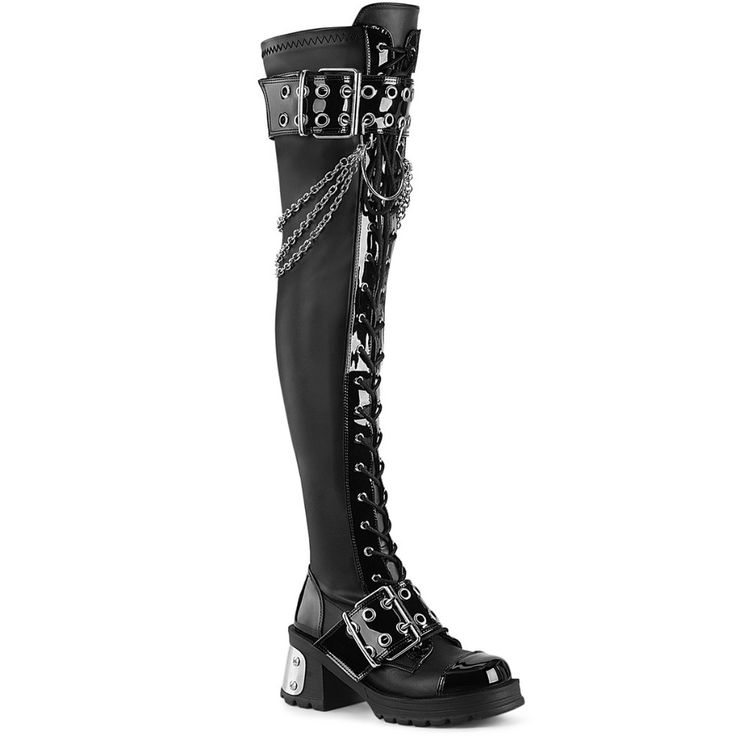 Demonia Bratty304 Black Vegan Leather 2 3/4" (70mm) Chunky Heel, 1" (25mm) Platform Over-The-Knee Boot, Featuring Double Buckle Strap W/ Eyelet Detail W/ Oversize Metal Horseshoe Ring Featuring Hanging Chain Detal, Full Inner Side Metal Zip Closure. Bratty304/Bvl Free Shipping + Brand New In Box Perfect For Alternative Fashion, Festival Outfit, Rave Wear, With Punk Or Goth Clothing, Dolls Kill Shoes, Hot Topic Style And More #Nwt #Grunge #Rock #Alt #Killstar Thigh High Combat Boots, Demonia Boots, Alternative Shoes, Demonia Shoes, Festival Shoes, Horseshoe Ring, Punk Boots, Gogo Boots, Cosplay Shoes