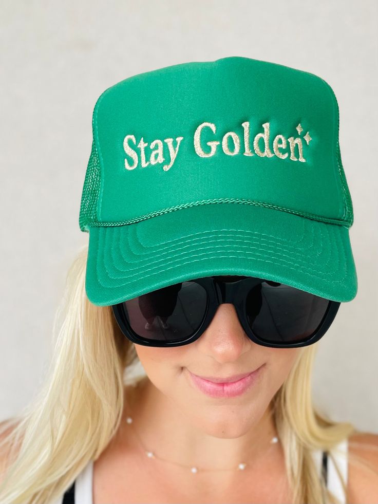 Green embroidered cap, perfect hat to wear to the lake, beach or just to stay fashionable. Foam green and gold *Made in-house* Green Summer Trucker Hat With Flat Brim, Green Snapback Hat One Size Fits Most, Green Flat Brim Trucker Hat For Summer, Green One Size Fits Most Snapback Hat, Casual Gold Trucker Hat One Size Fits Most, Casual Gold Snapback Hat With Flat Brim, Casual Gold Cap, Green Flat Brim Baseball Cap For The Beach, Green Flat Brim Baseball Cap For Summer