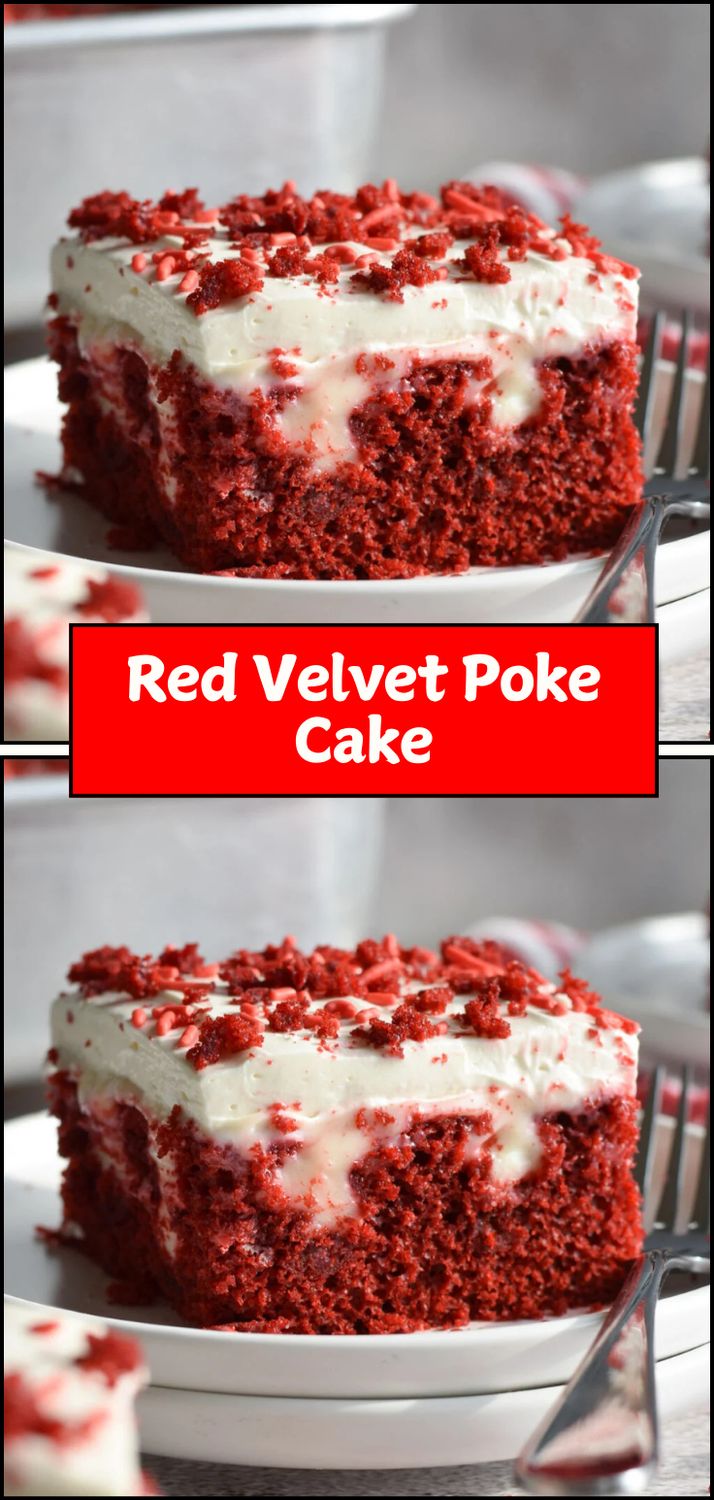 red velvet poke cake with white frosting and sprinkles on the top