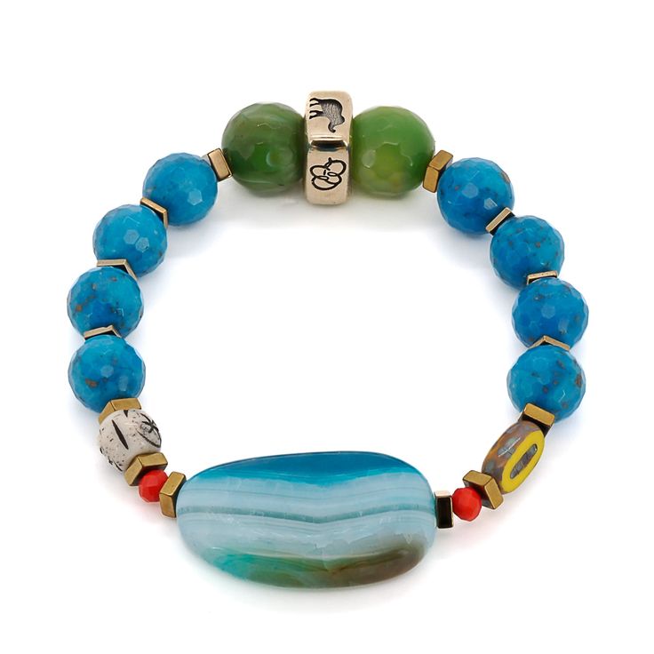 Handmade bracelet featuring a vibrant combination of green and blue Agate stones, turquoise beads, and a yellow African bead for a summery and energetic vibe. Blue Beaded Bracelets With Natural Stones, Casual Agate Beaded Bracelets For Meditation, Blue Jade Beaded Bracelets For Healing, Blue Jade Beaded Bracelet For Healing, Blue Jade Bracelets For Healing, Casual Agate Stretch Bracelet For Meditation, Spiritual Blue Jade Bracelets, Blue Jade Spiritual Bracelets, Casual Agate Bracelets With Natural Stones