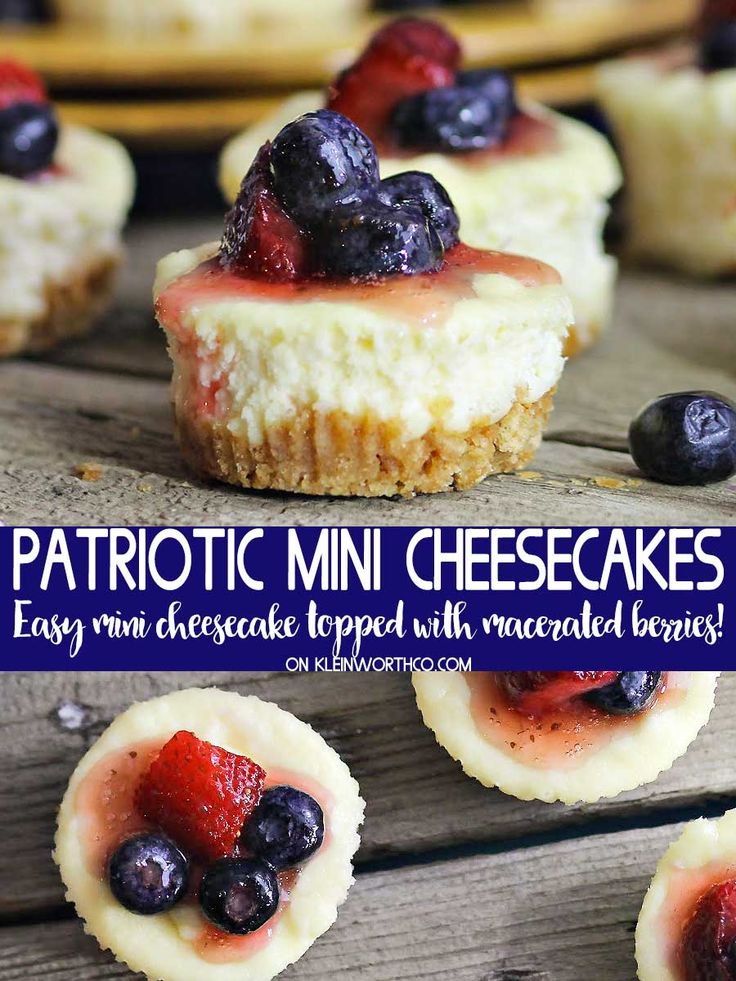 mini cheesecakes with blueberries and raspberries are on a wooden table