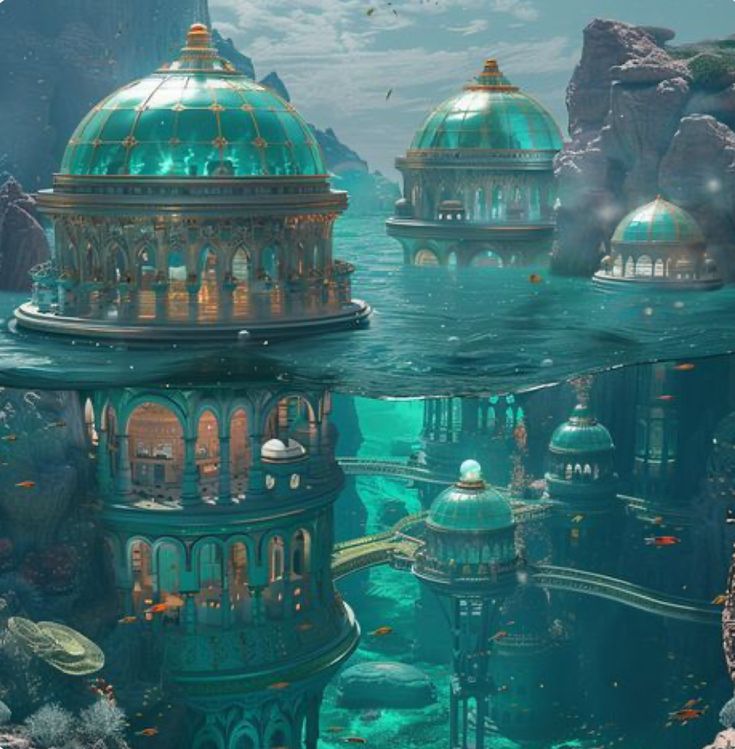 the underwater city is surrounded by rocks and water