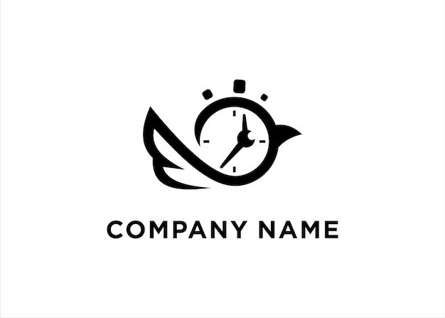 a clock logo on a white background with the word company name below it and an arrow pointing