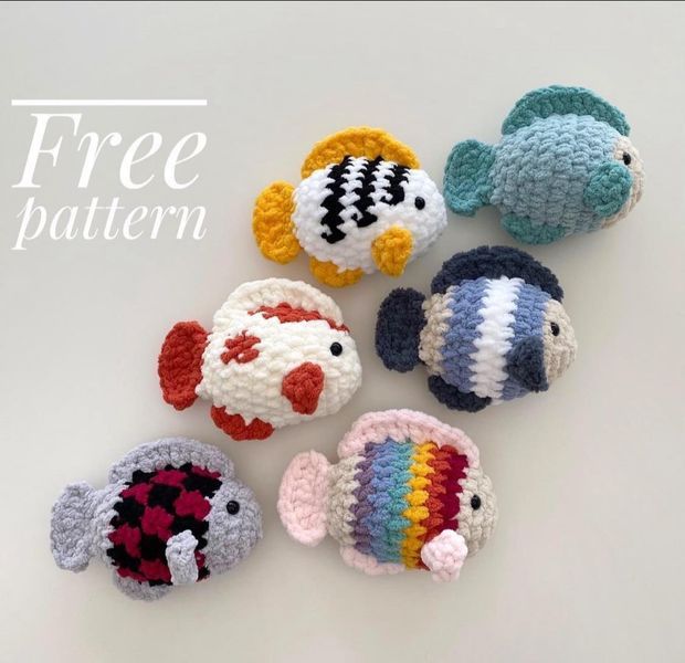 four crocheted fish are shown on a white surface with the text free pattern