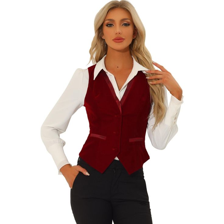 Pair with the solid color blouse or ruffle neck shirt for a casual business style. In this vintage solid color velvet fabric design, this vest is classic and timeless for your daily outfits. Classic OL style, fit for office and other formal occasions. Retro contrast satin with velvet can show your elegance and more charming, making you look more and more capable. Burgundy Vest Outfits For Women, Maroon Suit For Women, Red Vest Suit, Red Vest Outfits For Women, Red Vest Outfit, Pink Capsule Wardrobe, Waistcoat Outfit Women, Velvet Waistcoat, Dressy Vest