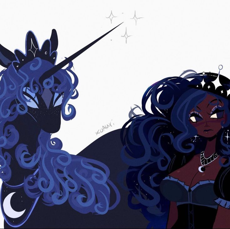 a woman with long hair standing next to a black and blue unicorn on a white background