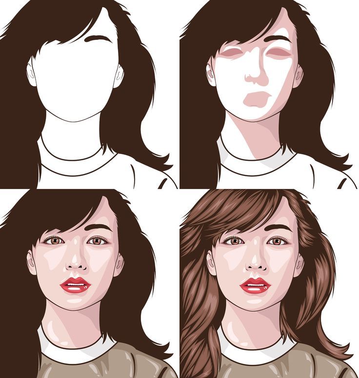 four different images of the same woman's face, with long hair and brown eyes