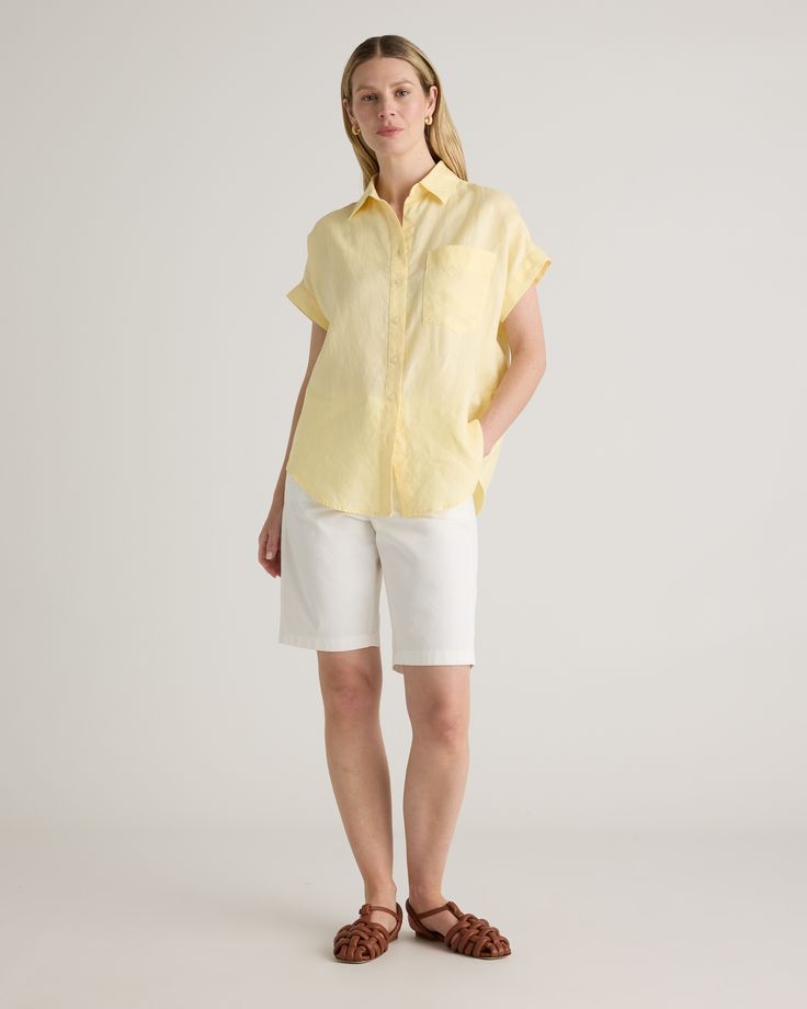 Survive summer without breaking a sweat in our 100% European Linen Camp Shirt. Made from premium European linen, this lightweight, breathable shirt helps keep you cool on those warm, sunny days. With its relaxed fit and classic details, it can flex for both casual outings and more dressed-up occasions. Crafted for durability, this timeless shirt is destined to become a wardrobe essential for years to come.  | Quince | Women's 100% European Linen Camp Shirt in Soft Yellow, Size Medium Cotton Summer Tops For Outdoor, Summer Cotton Tops For Outdoor, Cotton Tops For Summer Outdoor, Cotton Tops For Summer Outdoor Activities, Summer Tops With Pockets, Casual Spring Outdoor Tops, Casual Cotton Tops For Warm Weather, Summer Linen Top With Camp Collar, Spring Outdoor Camp Shirt With Relaxed Fit