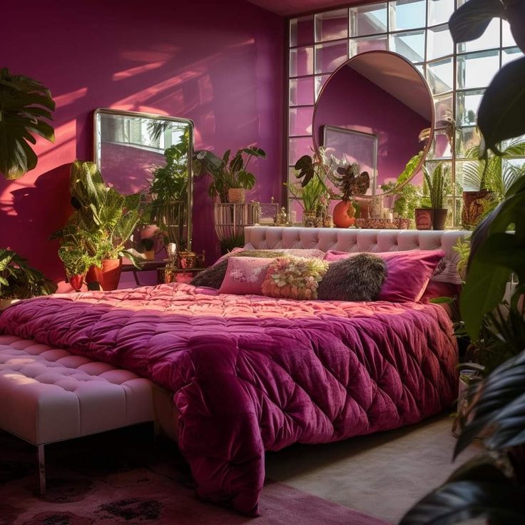 a bedroom with pink walls and plants in the window sill, bed frame is upholstered