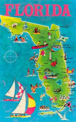 an old florida map with boats and people on it's sides, in blue water