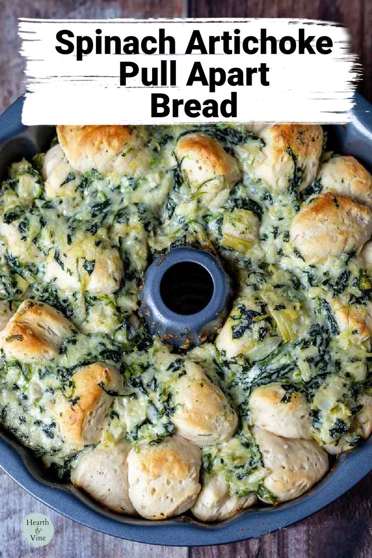 Spinach artichoke pull apart bread in a bundt pan. Spinach Artichoke Pull Apart Bread, Artichoke Pull Apart Bread, Spinach Dishes, Snacks For A Party, Finger Appetizers, Pull Apart Recipes, Savory Rolls, Artichoke Bread, Spinach Bread