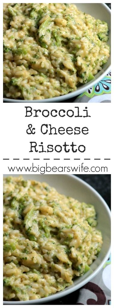 broccoli and cheese risotto in a white bowl