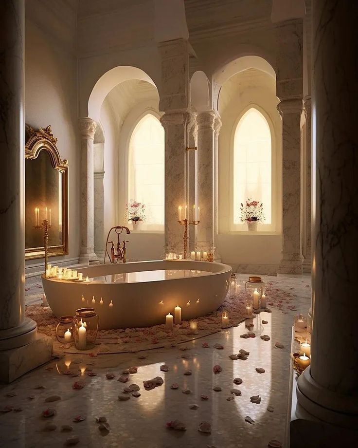 a bathtub with candles on the floor in front of two large windows and arches