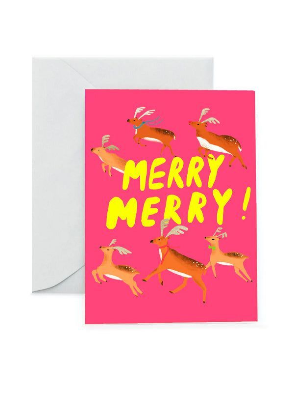 a card with the words merry on it in yellow and pink, surrounded by deers