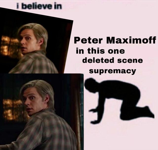 two pictures of the same person in front of a sign that says, i believe in peter maximumoff in this one deleted scene supremency