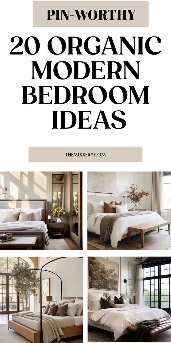 an advertisement for a modern bedroom with white walls and wood furniture, including a bed