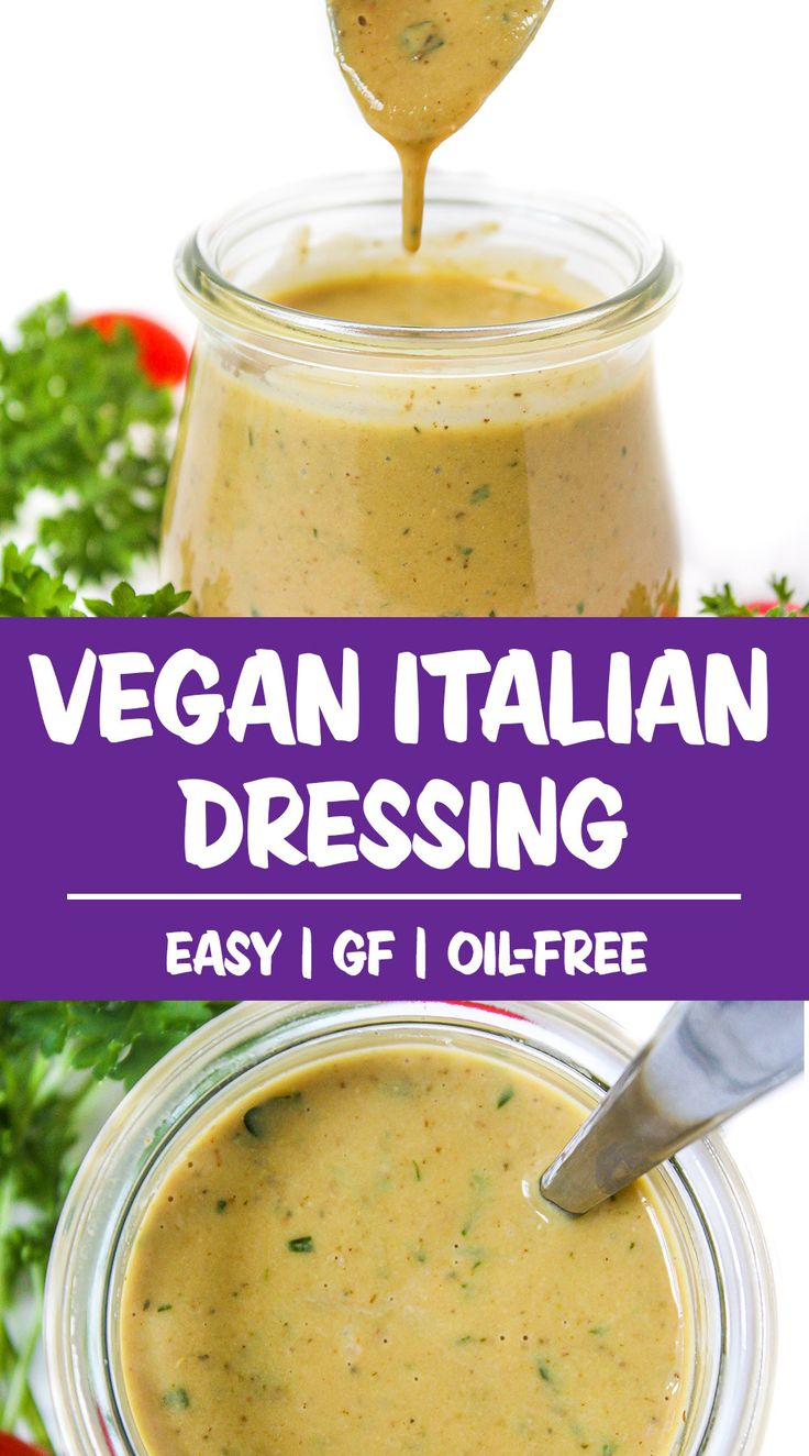 a spoon full of vegan italian dressing in a glass jar with the title above it