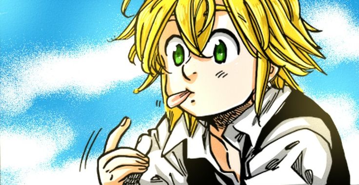 an anime character with blonde hair and green eyes pointing to the side while standing in front of a blue sky