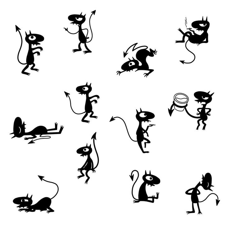 black and white silhouettes of various animals with different postures on their body, including an animal