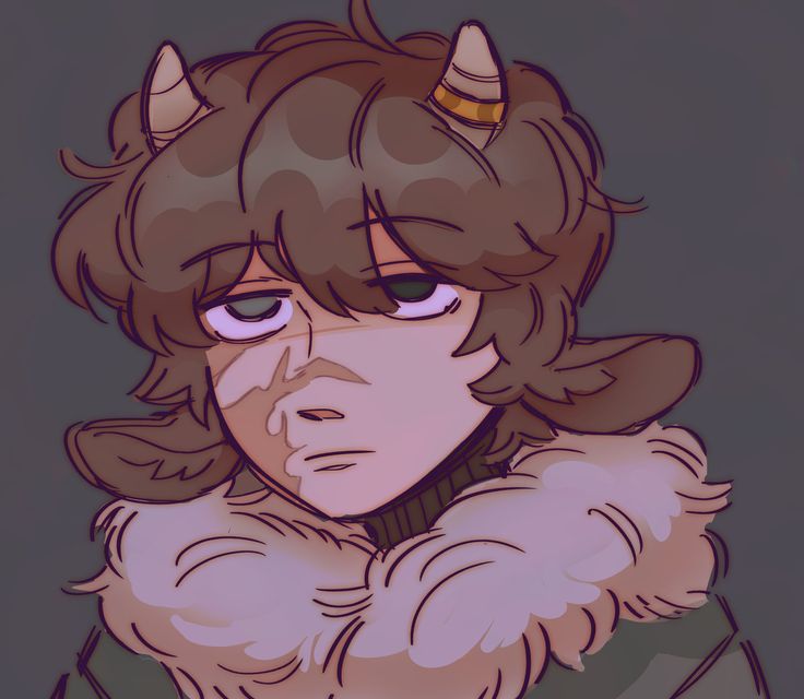 a drawing of a woman with horns on her head and fur collar, wearing a green coat