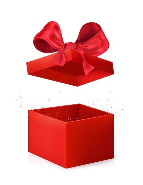 an open red box with a bow on the top, and another closed one in the bottom