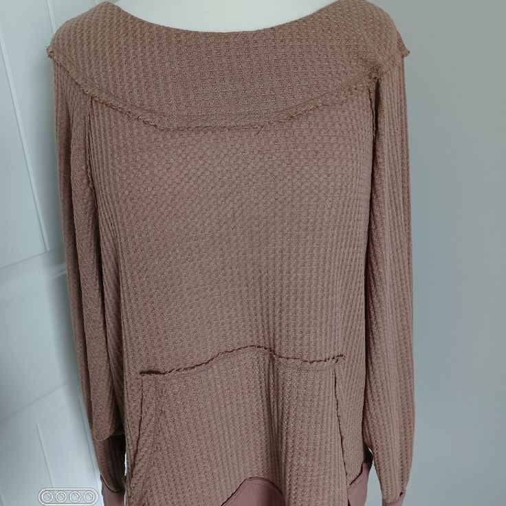 Long Oversize Sleeves V Shape In Back Mauve Waffle Weave M/L Boutique Oversized Waffle Knit Tops For Layering, Oversized Textured Knit Brown Tops, Waffle Knit V-neck Sweater, Oversized Brown Textured Knit Top, Brown Long Sleeve Waffle Knit Tops, Oversized Long Sleeve Waffle Knit Top, Brown Waffle Knit Long Sleeve Top, Fitted Mauve V-neck Top, Oversized Waffle Knit V-neck Tops