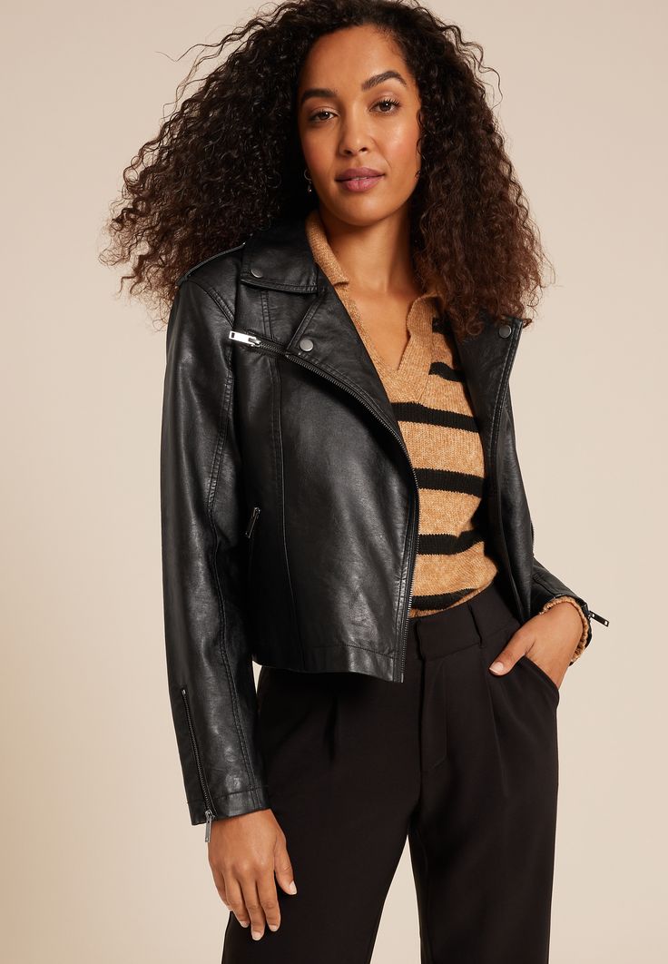 Faux Leather Moto Jacket - Materials & Care:imported - 100% viscose - machine wash Moto Style Faux Leather Jacket For Workwear, Chic Faux Leather Biker Jacket For Fall, New Jeans Top, Maternity Pajamas, Adaptive Clothing, Faux Leather Moto Jacket, Curvy Jeans, Leather Moto, Leather Moto Jacket