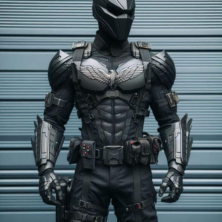 the batman costume is shown in front of a garage door, with his hands on his hips