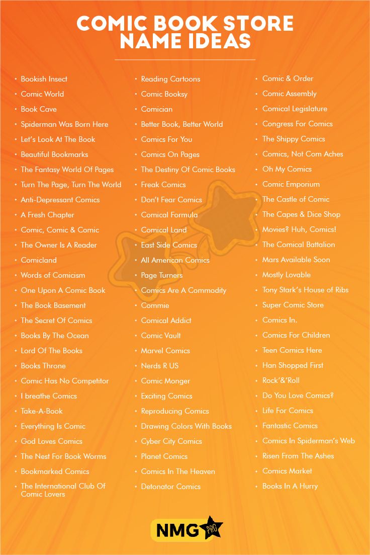 the comic book store name ideas list is shown on an orange background with black and white stars