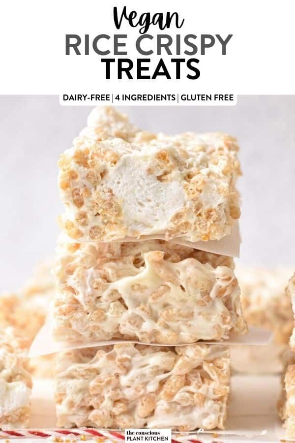 vegan rice crispy treats stacked on top of each other with text overlay