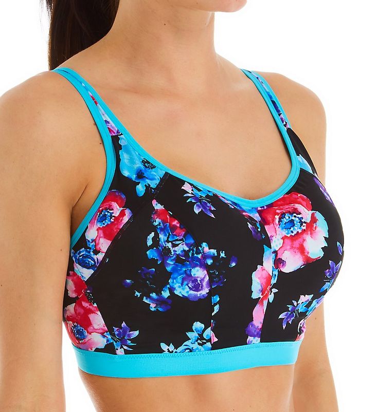 This full coverage, high impact sports bra is designed for superior support when running or at the gym, with light padding at the front, seamed cups, and a J-hook at the back strap that converts it to a temporary racerback. Made from polyamide, elastane, polyester and cotton. Floral print body has contrast binding for a bold look. Multi-part, encapsulated underwire cup is lightly padded, with angled and vertical seaming to keep your bust centered and lifted. Light padding at the center and the s Medium Support Sports Bra In Blue, Blue Racerback Sports Bra With Medium Bust Support, Blue Sports Bra With Medium Bust Support, Pink Full Coverage Sports Bra With Light Support, Supportive Blue Sports Bra Sweat Resistant, Supportive Sports Bra In Pink, Supportive Sweat-resistant Blue Sports Bra, Pink Full Coverage Sports Bra, Air Bra