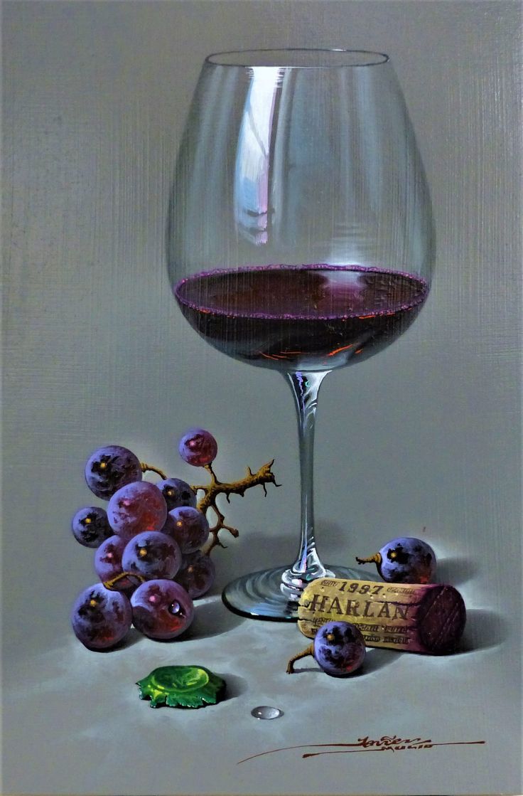 a painting of a glass of wine with grapes next to it and a cork on the table