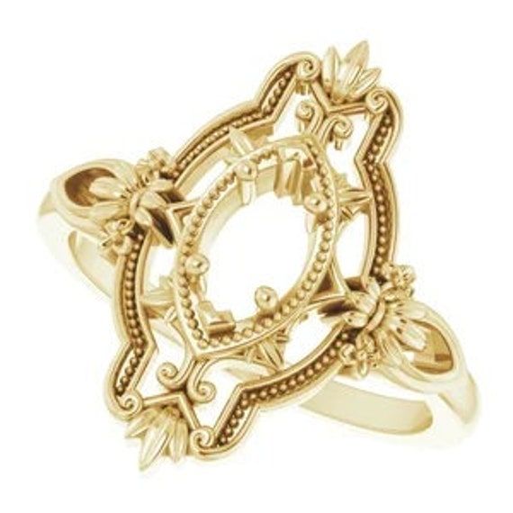 Set your heirloom gemstone in this solid 14k gold vintage style setting. Also available in other precious metals as custom setting. Please inquiry. Specifications Weight:2.956 DWT (4.60 grams) Approx. Shoulder Width:16.32 mm Approx. Finger Size:7 Approx. Top Height:3.88 mm Selling Unit of Measure:EA Ring Fit:Standard Approx. Shank Base Thickness:1.5 mm Approx. Shank Base Width:1.5 mm Gender:Ladies Plating Type:N/A Surface Finish:Polished Primary Stone Shape:Marquise Primary Stone Size:7 x 3.5 mm Oval Jewelry With Historical Design For Anniversary, Elegant Oval Ring With Historical Design, Heirloom Marquise Rings With Intricate Design, Heirloom Marquise Ring With Intricate Design, Classic 14k Gold Jewelry With Historical Design, Heirloom Marquise Jewelry With Intricate Design, Victorian Marquise Cut Gold Jewelry, Heirloom Marquise Jewelry With Halo Setting, Vintage Marquise Halo Setting Jewelry