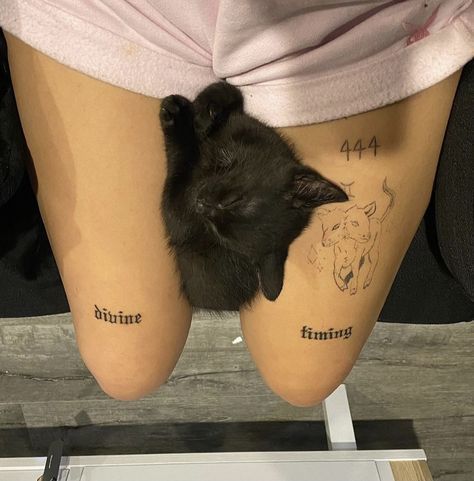 a person with tattoos on their legs holding a kitten