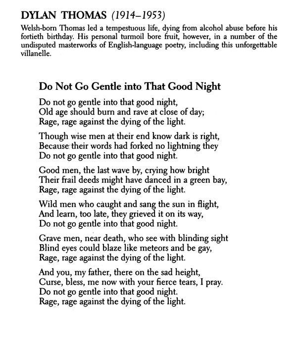 a poem written in black and white with the words do not go gentle into that good night