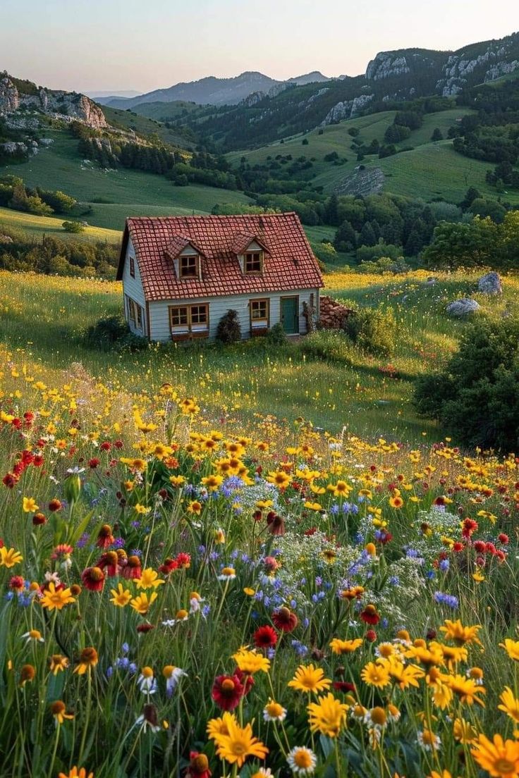 a house sitting in the middle of a field full of flowers