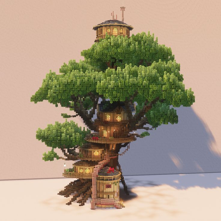 a tree house is shown in the shape of a tower with trees growing out of it