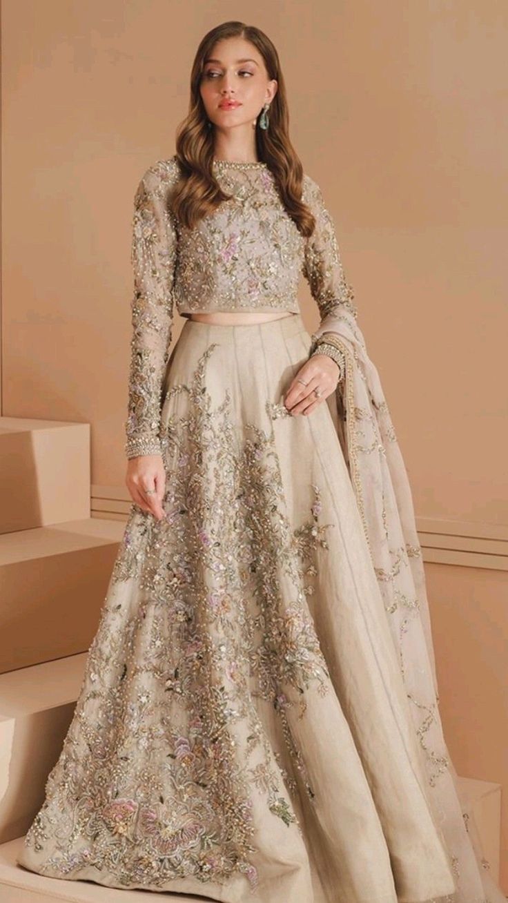 Modest Lehenga Pakistani Bridal, Pakistani Style Lehenga, White Wedding Dresses Indian, Fancy Traditional Dresses, Pakistani Gowns Dresses Party Wear, Indian Jacket Outfit, Indian Wedding Dresses Simple, Modest Lehenga Designs, White Indian Gown