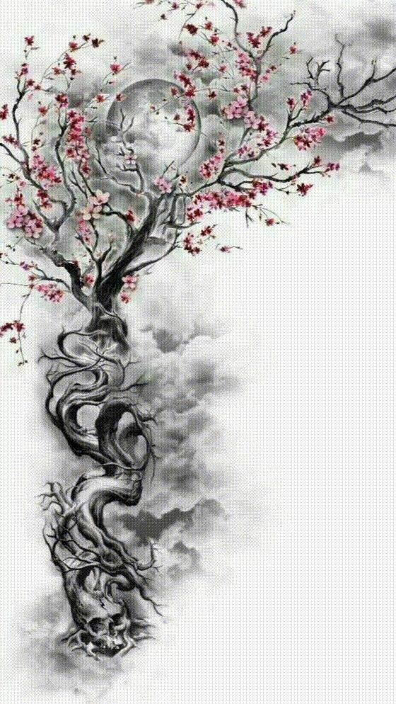 a drawing of a tree with pink flowers on it