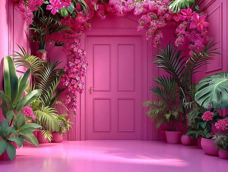 a pink door surrounded by potted plants and flowers