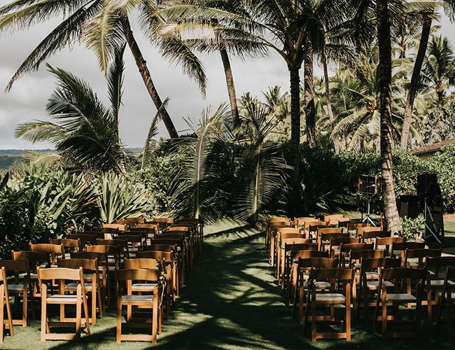 rows of wooden chairs set up in front of palm trees on the lawn at an outdoor wedding venue