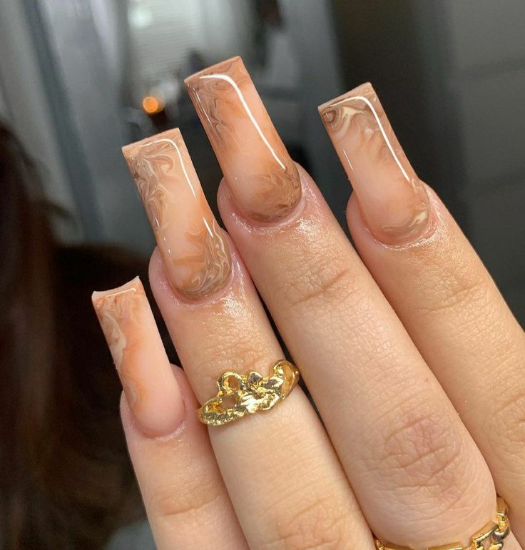 Short Brown Marble Nails, Brown Milky Nails, Honey Brown Nails Acrylic, Milky White And Brown Nails, Brown Shorties Acrylic Nails, Short Brown Ombre Nails, Brown Baddie Nails Short, Brown Nails Medium Length, Brown Nail Sets Acrylic