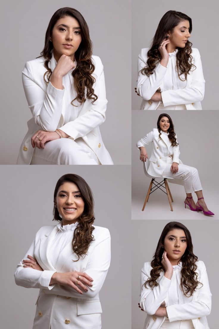 four photos of a woman in white sitting on a chair and posing for the camera