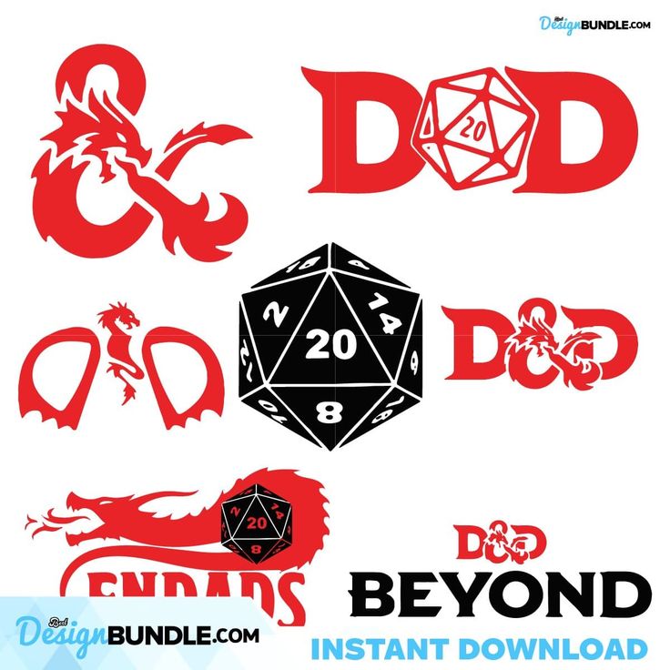 the logo for d & d is shown in red and black, along with other logos