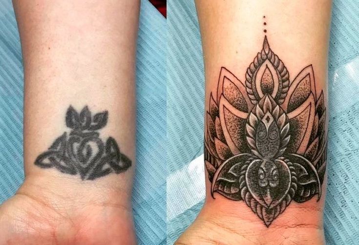 two matching tattoos on both wrist and foot, one with a lotus tattoo design on the other