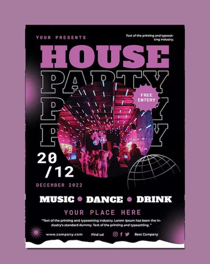 a flyer for a house party with people dancing on the dance floor and disco ball in the background